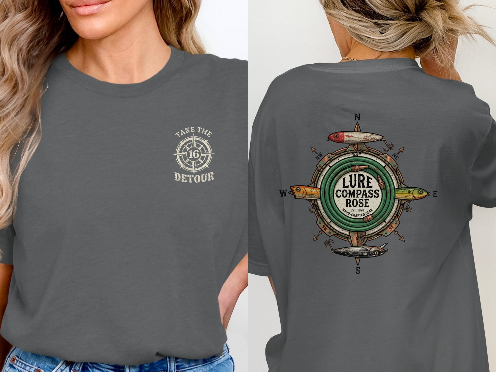T-shirt with "Take the Detour" logo on front and "Lure Compass Rose" fishing gear graphic on back.