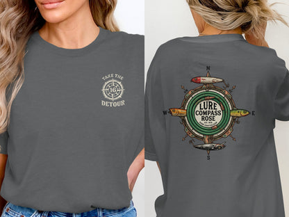 T-shirt with "Take the Detour" logo on front and "Lure Compass Rose" fishing gear graphic on back.