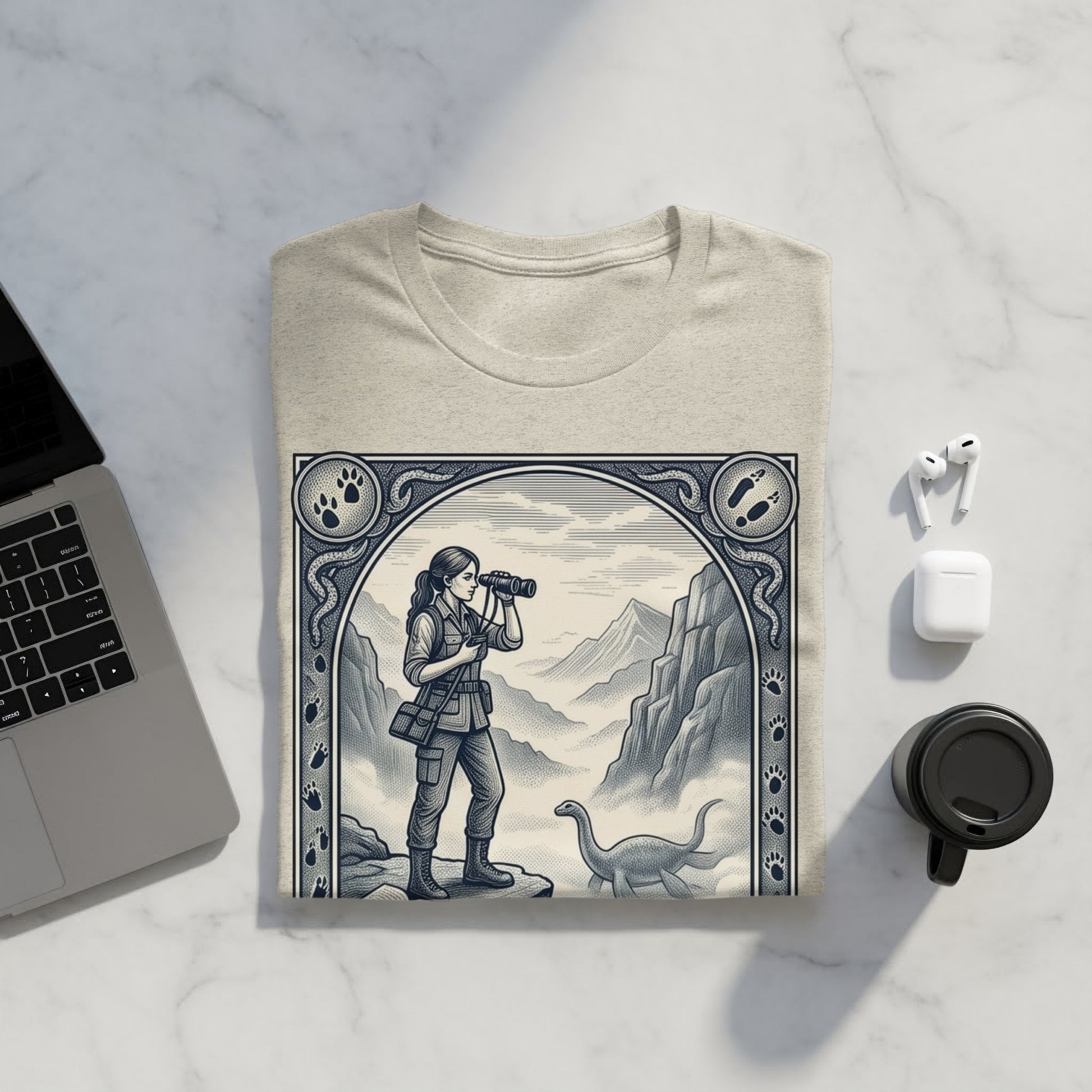 Dinosaur and explorer illustration on a beige t-shirt, framed by paw prints and mountains.