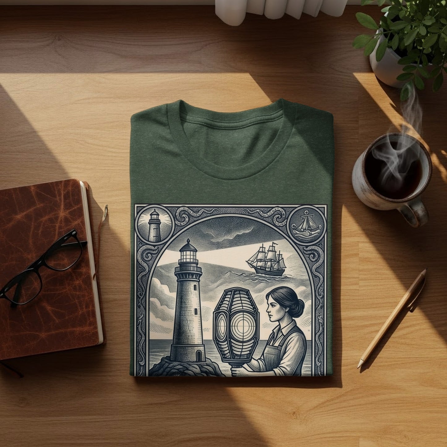 Dark green t-shirt with lighthouse and woman illustration, next to notebook and coffee.