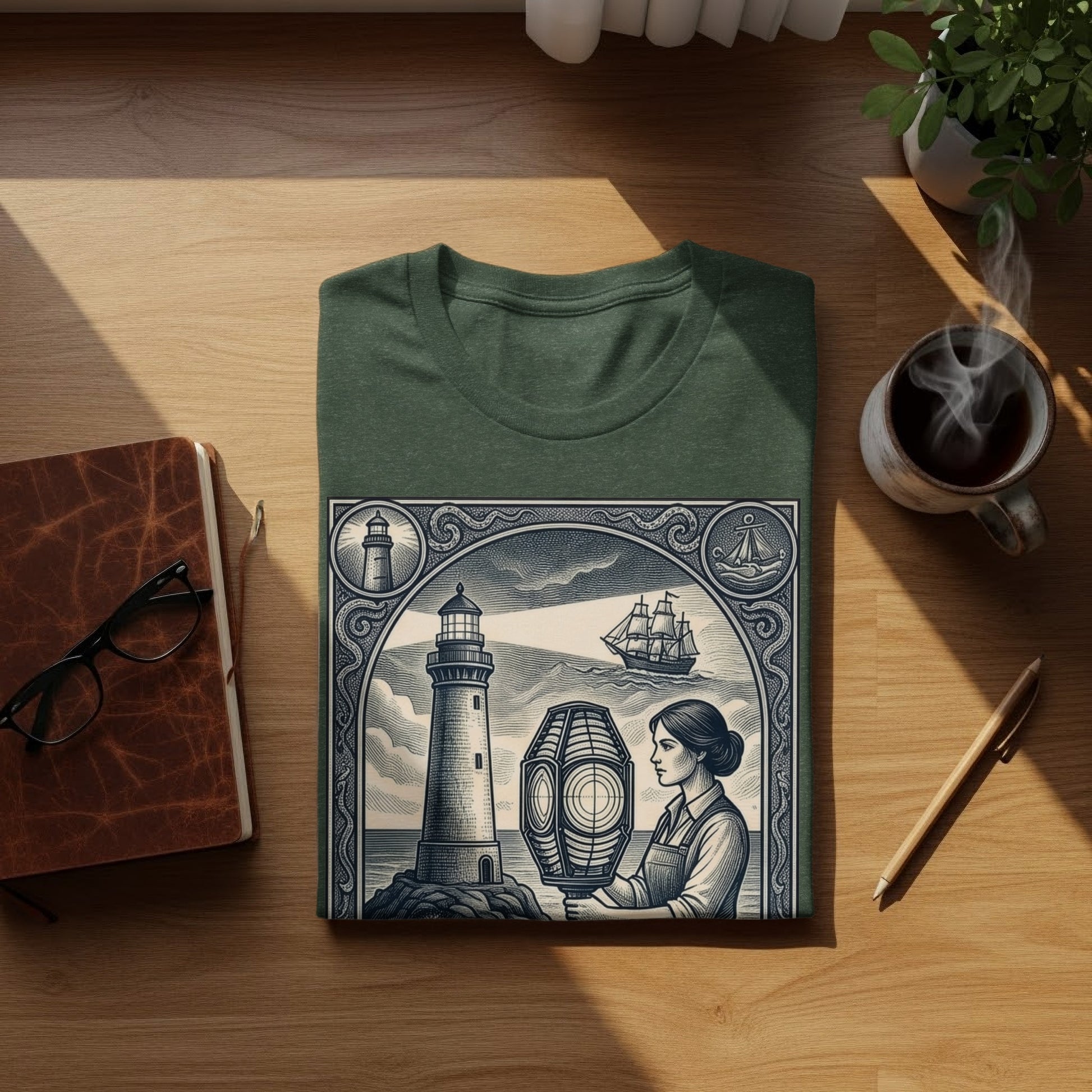 Dark green t-shirt with lighthouse and woman illustration, next to notebook and coffee.