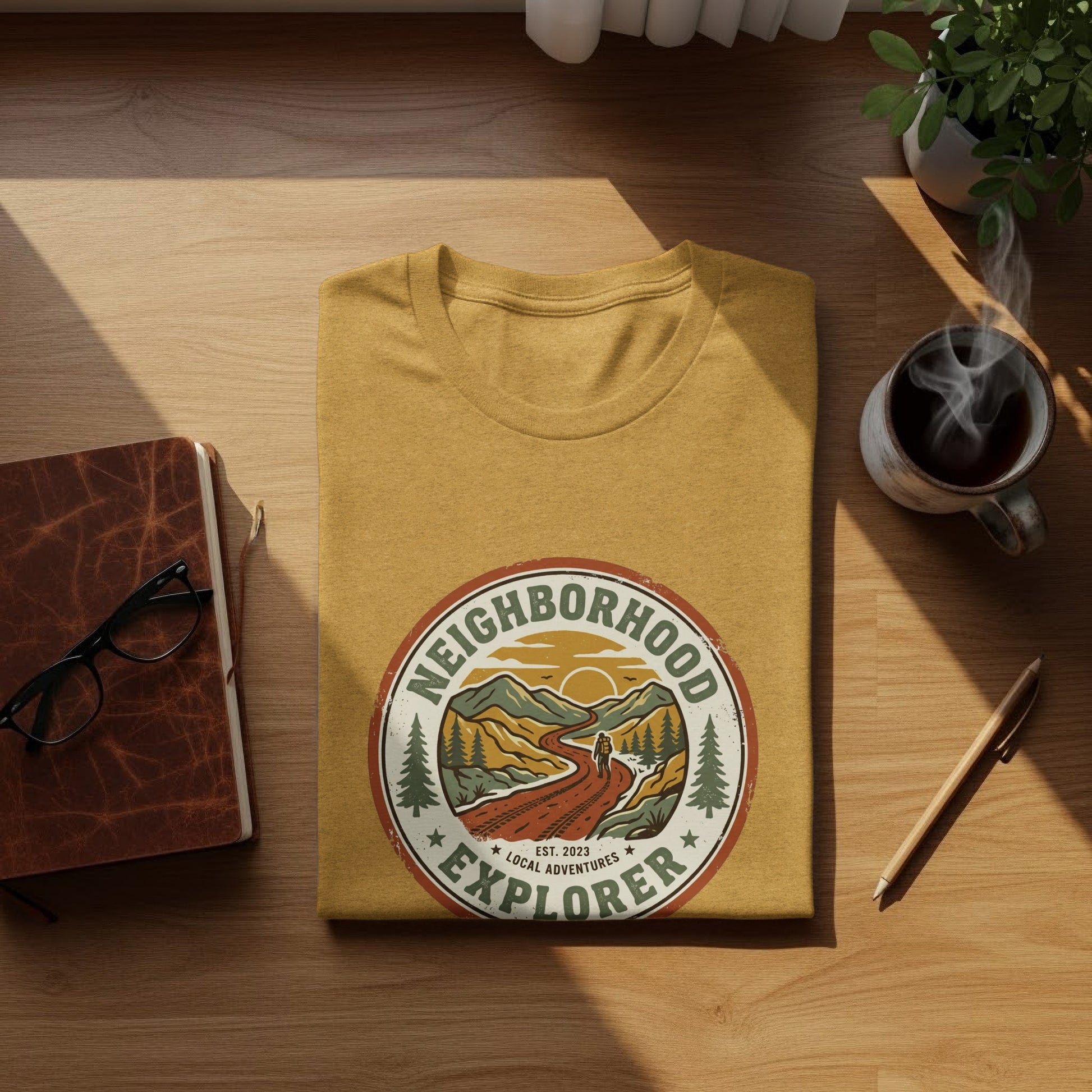 The Original Neighborhood Explorer Adventure Adventure Top: Yellow t-shirt with "Neighborhood Explorer Local Adventures" circular logo.