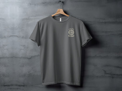 Dark gray t-shirt with "Take The Detour" compass logo on the chest.