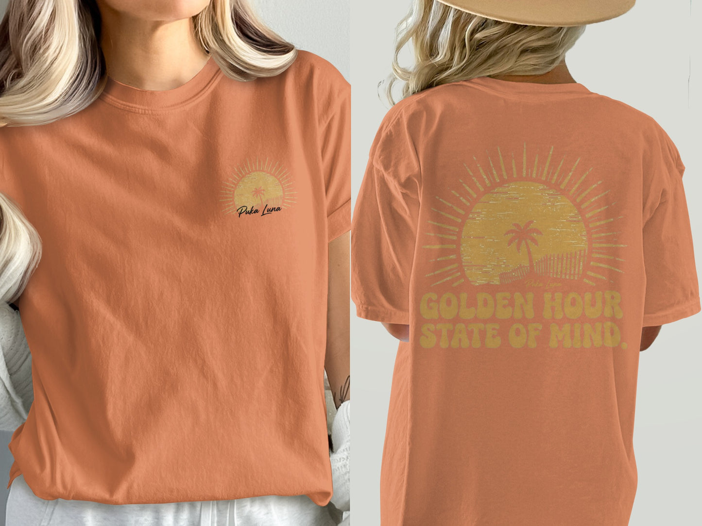 Orange t-shirt with "Golden Hour State of Mind" text and a sunset graphic.