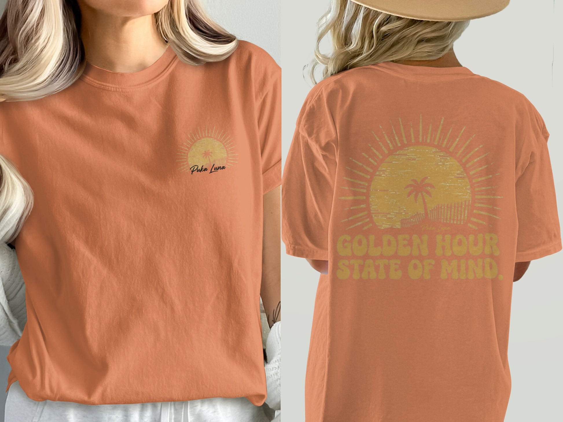 Orange t-shirt with "Golden Hour State of Mind" text and a sunset graphic.