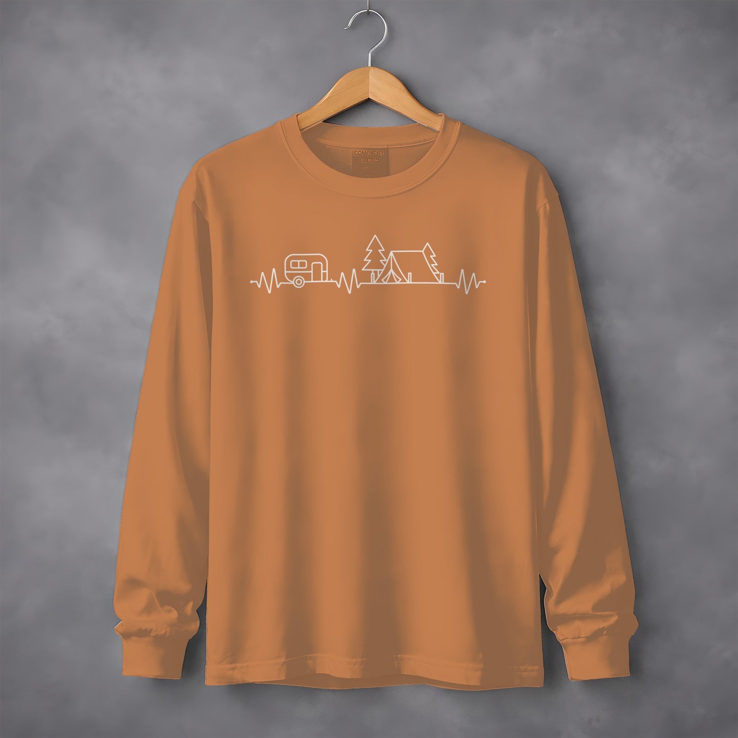 Camping Heartbeat Caravan Tent Adventure Time Long Sleeve T-Shirt Long Sleeve Tee - Outdoor & Adventure Collection - Mile Marker 16 Gear by Cloud 16 Clothing Co.
