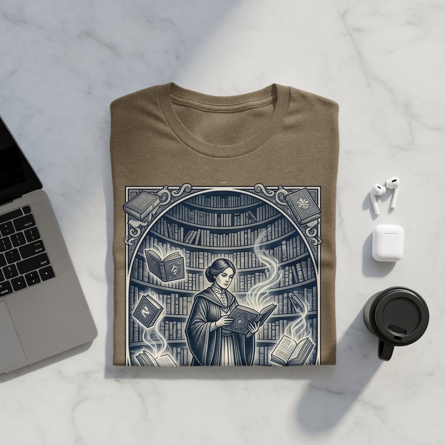 T-shirt graphic of woman in academic robes reading surrounded by floating books.
