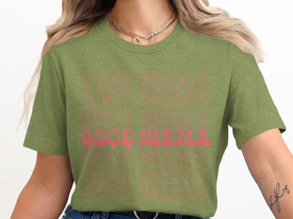 Good Karma Graphic Tee with Repeating Design