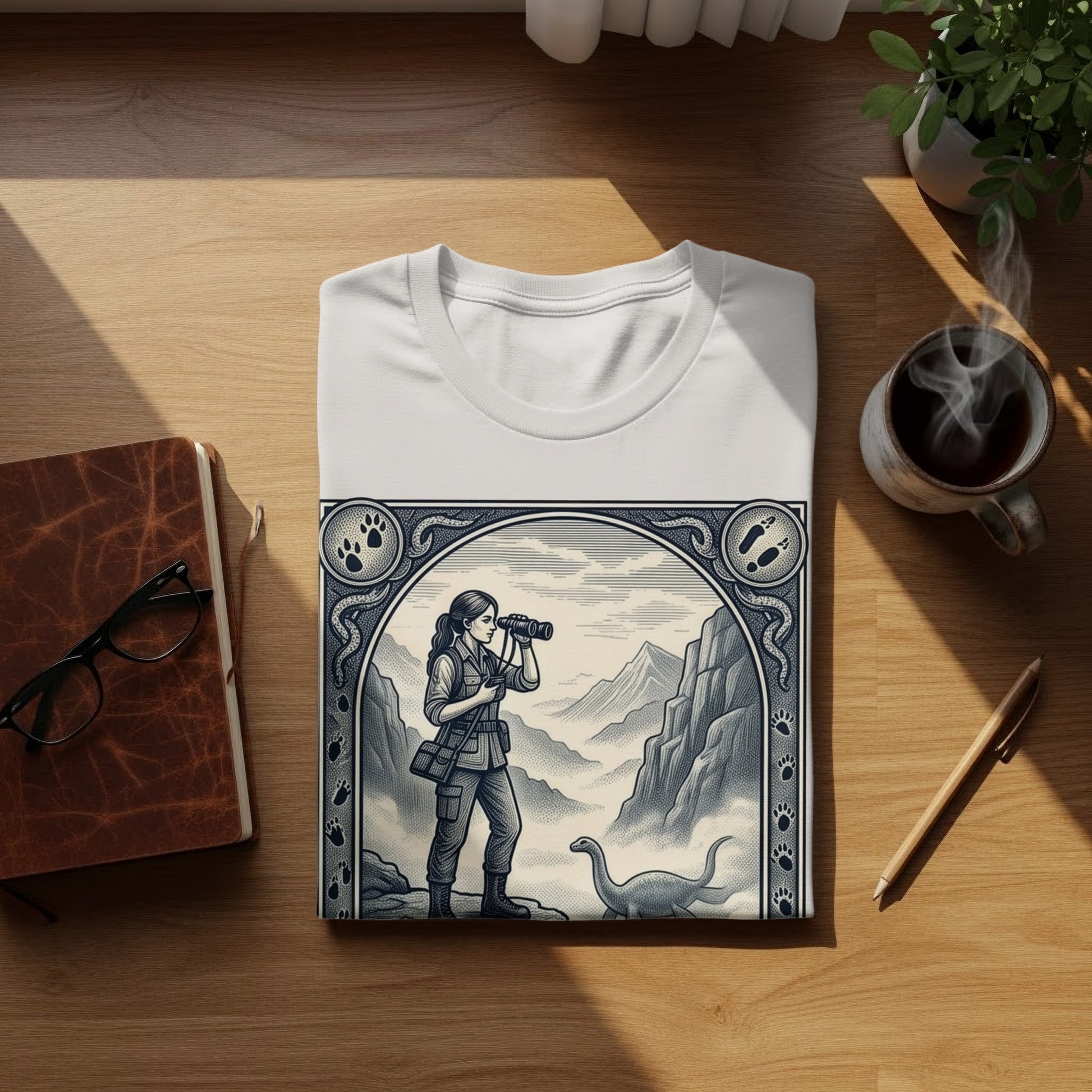 T-shirt with illustration of woman with binoculars, mountains, and dinosaur.