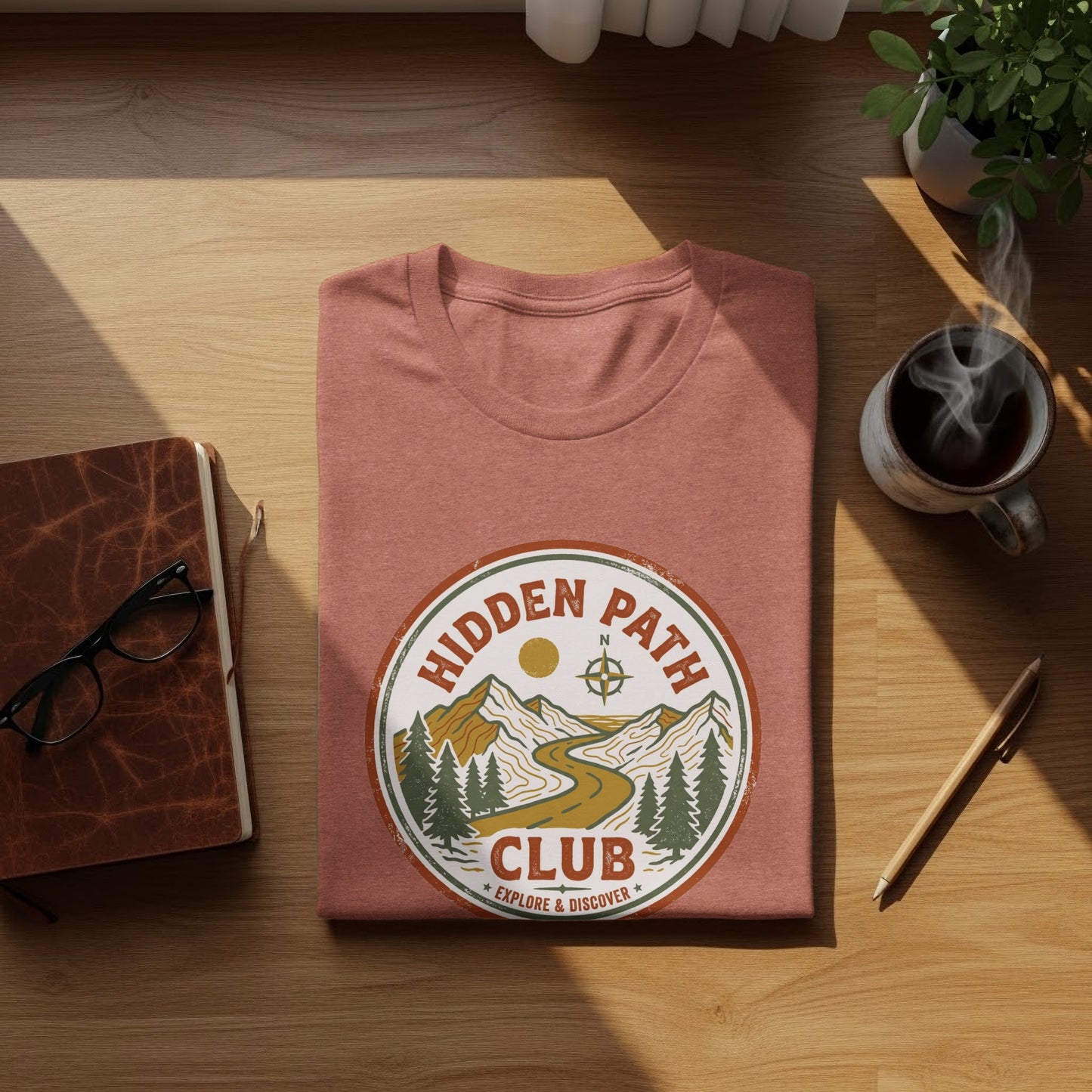 Rugged Hidden Path Club Explorer Wilderness Shirt: Brown t-shirt with "Hidden Path Club" circular logo featuring mountains and a road.
