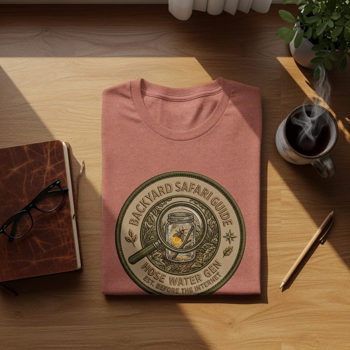 Backyard Safari Guide Explorer: Backcountry Outpost Shirt: Salmon t-shirt with "Backyard Safari Guide Hose Water Gen" embroidered circular logo.