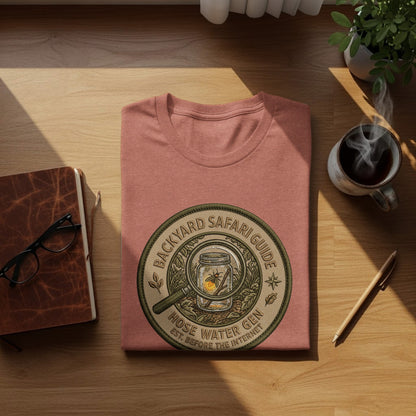 Backyard Safari Guide Explorer: Backcountry Outpost Shirt: Salmon t-shirt with "Backyard Safari Guide Hose Water Gen" embroidered circular logo.