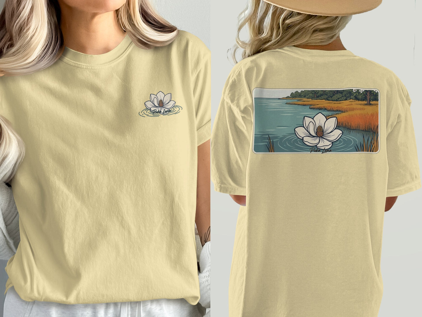 Light yellow t-shirt with lotus flower graphic on front and marsh landscape on back.