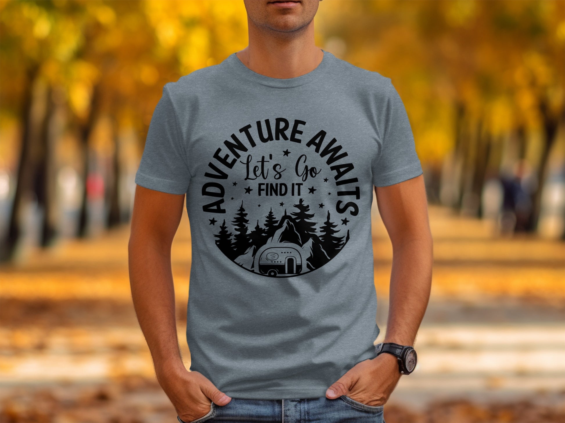 Adventure Awaits Let's Go Find It Silhouette Camper T-Shirt T-Shirt - Outdoor & Adventure Collection - Mile Marker 16 Gear by Cloud 16 Clothing Co.