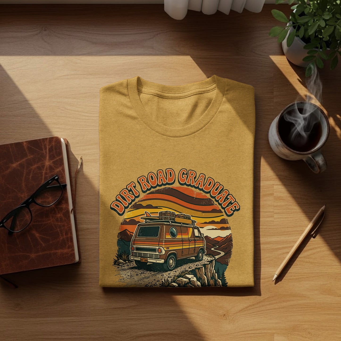 Heritage Dirt Road Graduate Adventure Tee Nomad Tee: Yellow t-shirt with "Dirt Road Graduate" and van graphic.