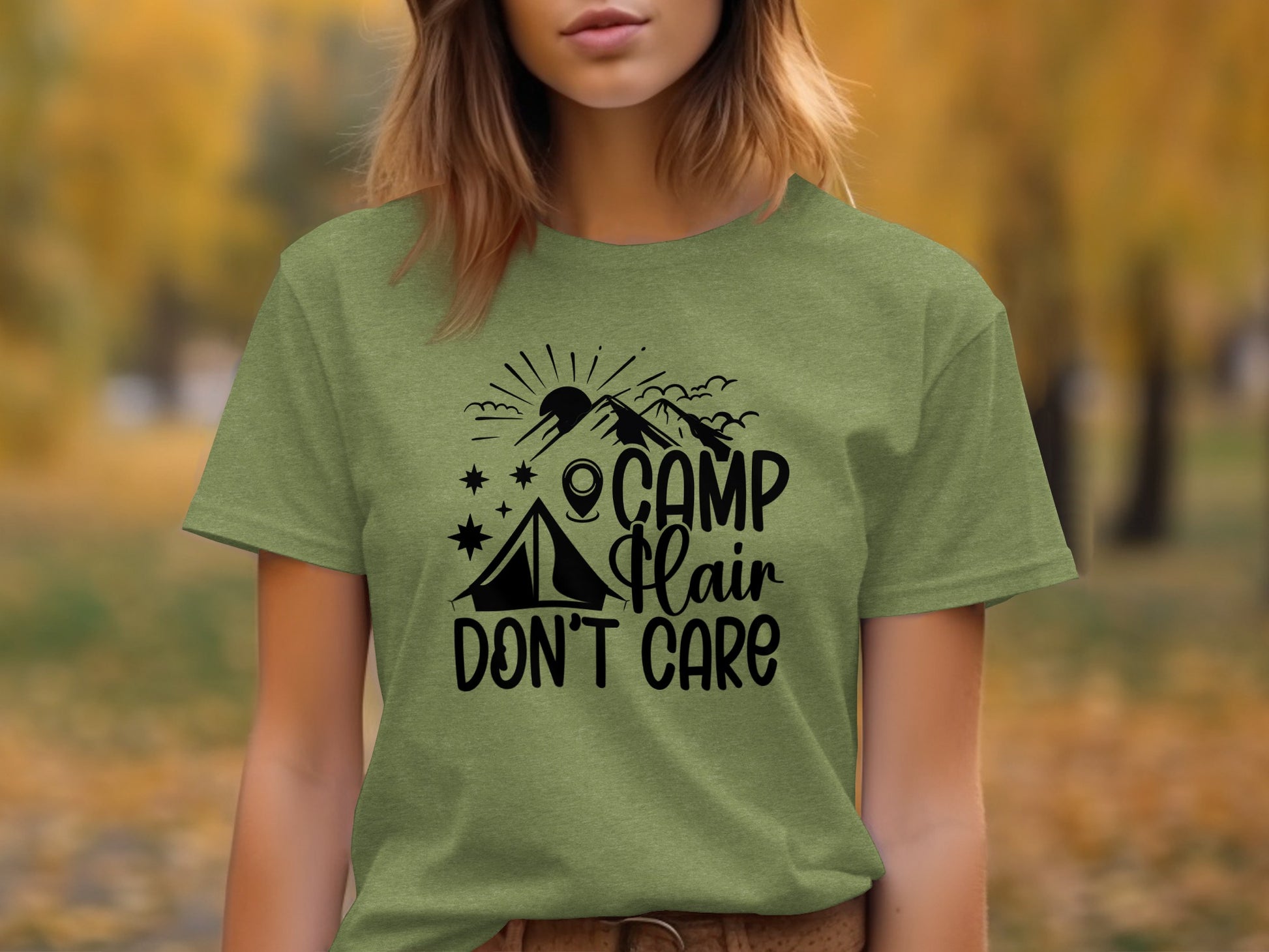 Camp Hair Dont Care with Mountain Scene Graphic T-Shirt T-Shirt - Outdoor & Adventure Collection - Mile Marker 16 Gear by Cloud 16 Clothing Co.