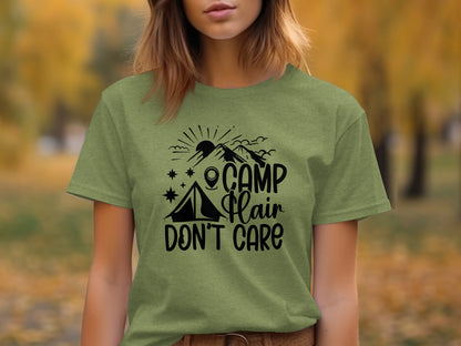 Camp Hair Dont Care with Mountain Scene Graphic T-Shirt T-Shirt - Outdoor & Adventure Collection - Mile Marker 16 Gear by Cloud 16 Clothing Co.