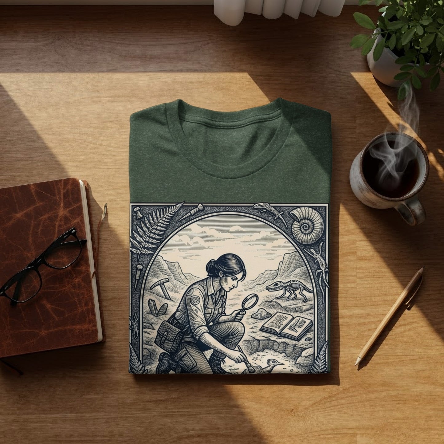 T-shirt featuring a paleontologist examining a fossil with a magnifying glass.