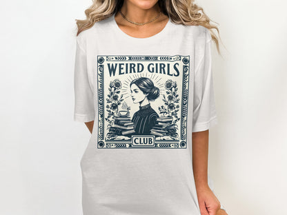 White t-shirt with "Weird Girls Club" text and vintage woman illustration.