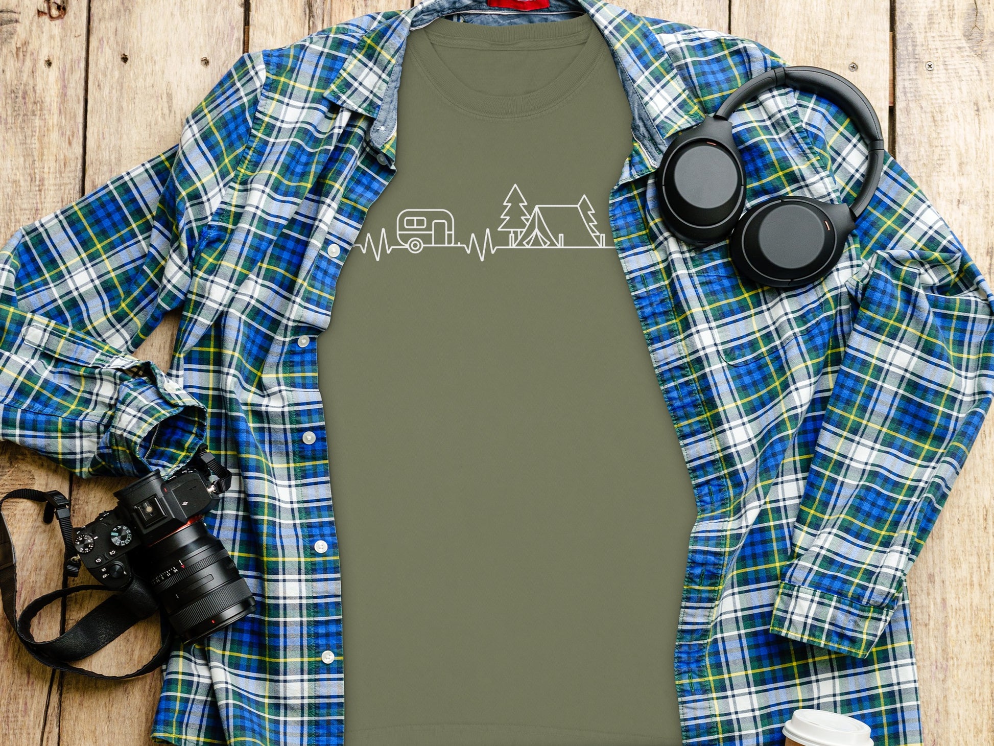 Camping Heartbeat Caravan Tent Adventure Time Long Sleeve T-Shirt Long Sleeve Tee - Outdoor & Adventure Collection - Mile Marker 16 Gear by Cloud 16 Clothing Co.