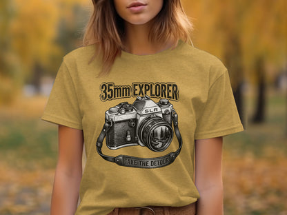 35mm Explorer Detour | Vintage Outdoor Apparel: Yellow t-shirt with 35mm SLR camera graphic and "TAKE THE DETOUR" text.