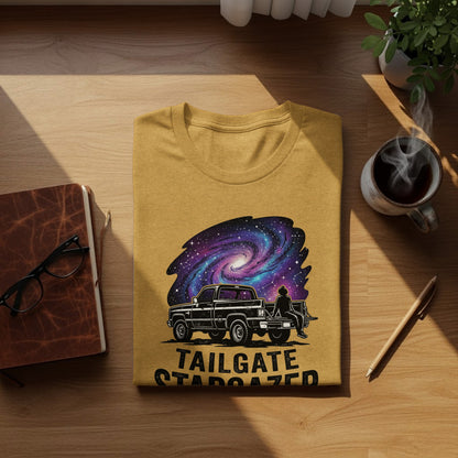 Heritage Cosmic Tailgate Stargazer Nomad Tee: Yellow t-shirt with galaxy graphic and pickup truck.