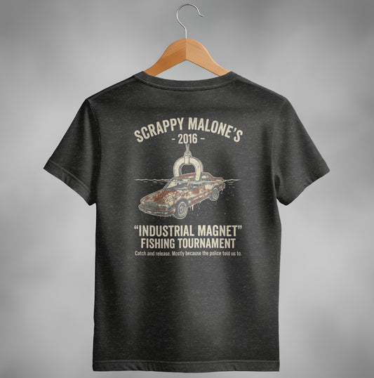 Scrappy Malone's 2016 Industrial Magnet Fishing Tournament t-shirt.