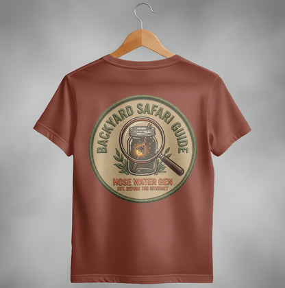 Backyard Safari Guide hose water gen embroidered patch on brown t-shirt.