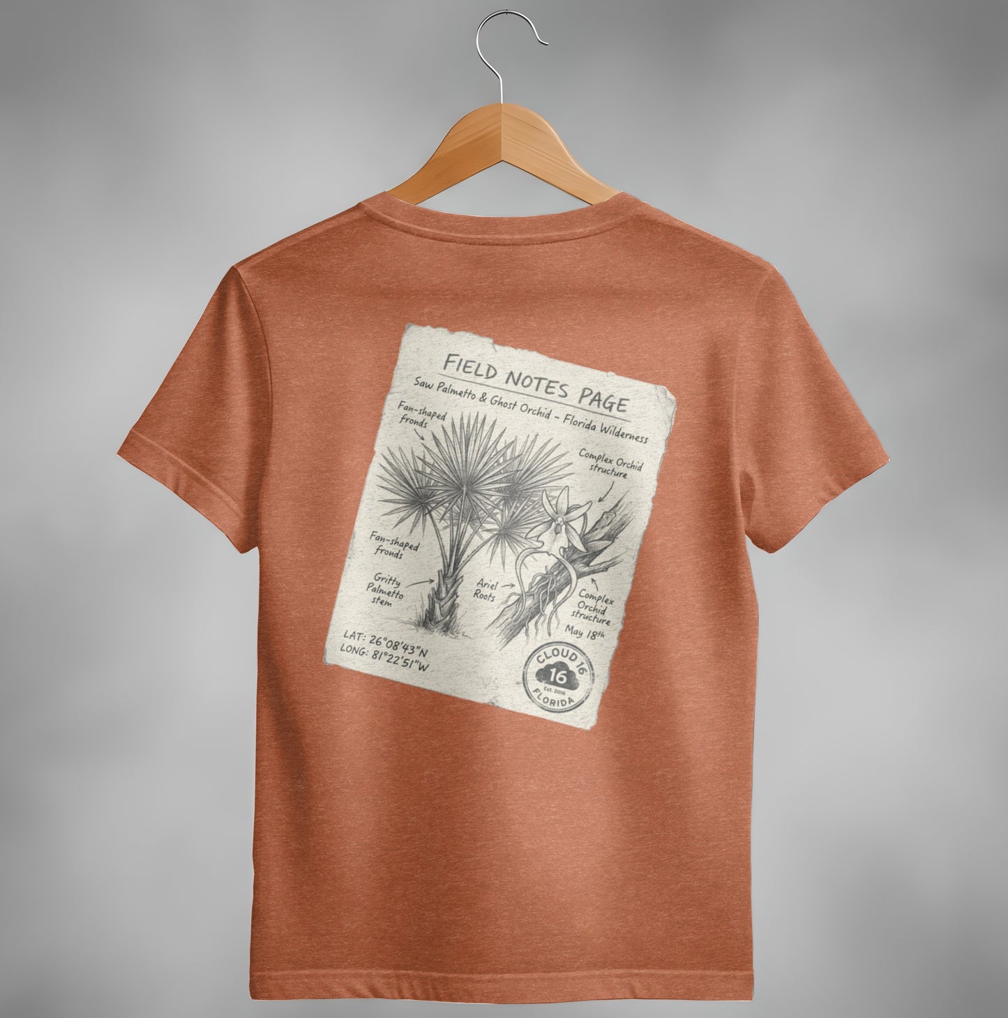 T-shirt with a field notes page detailing saw palmetto and ghost orchid.
