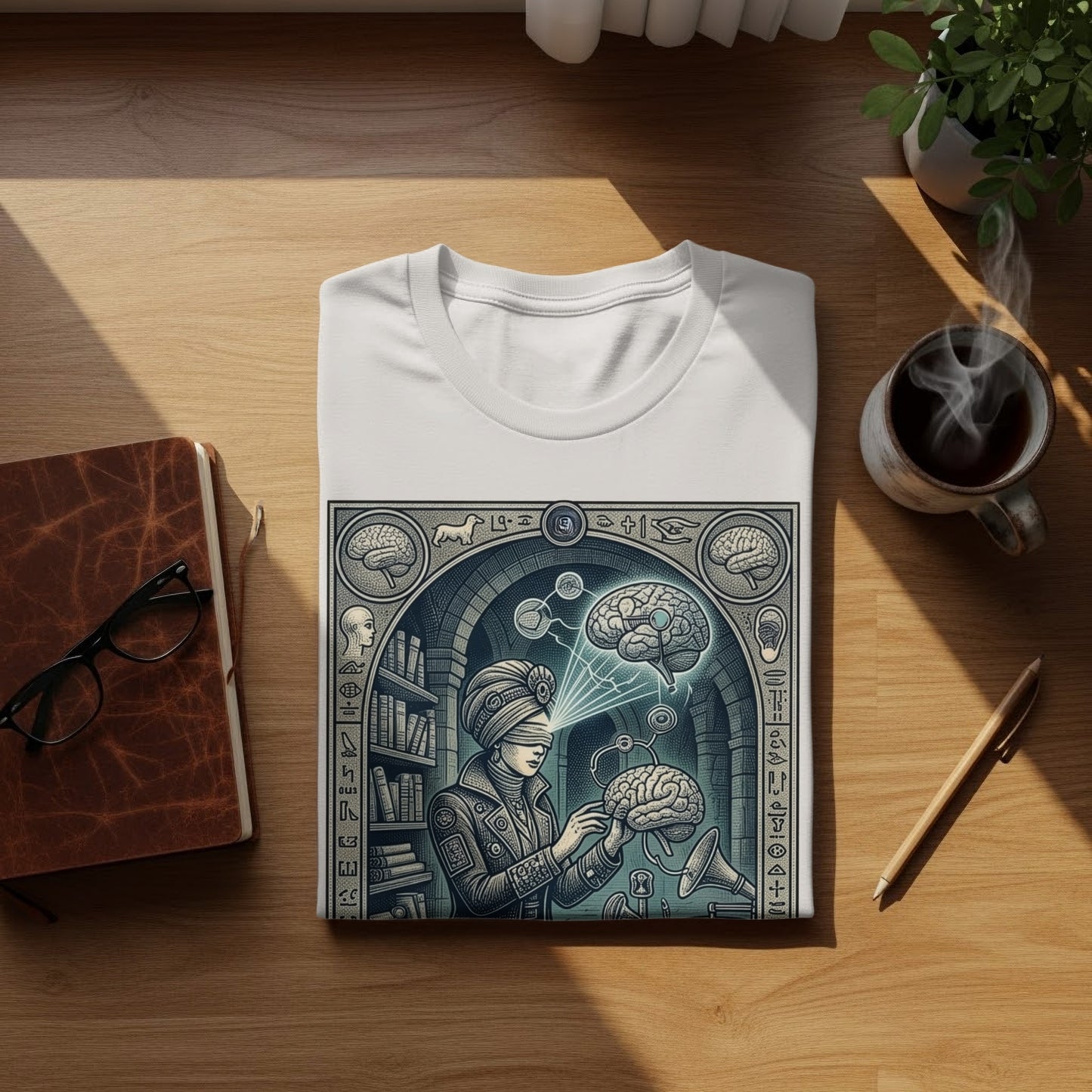T-shirt with a vintage-style brain graphic, eyeglasses, notebook, and coffee.