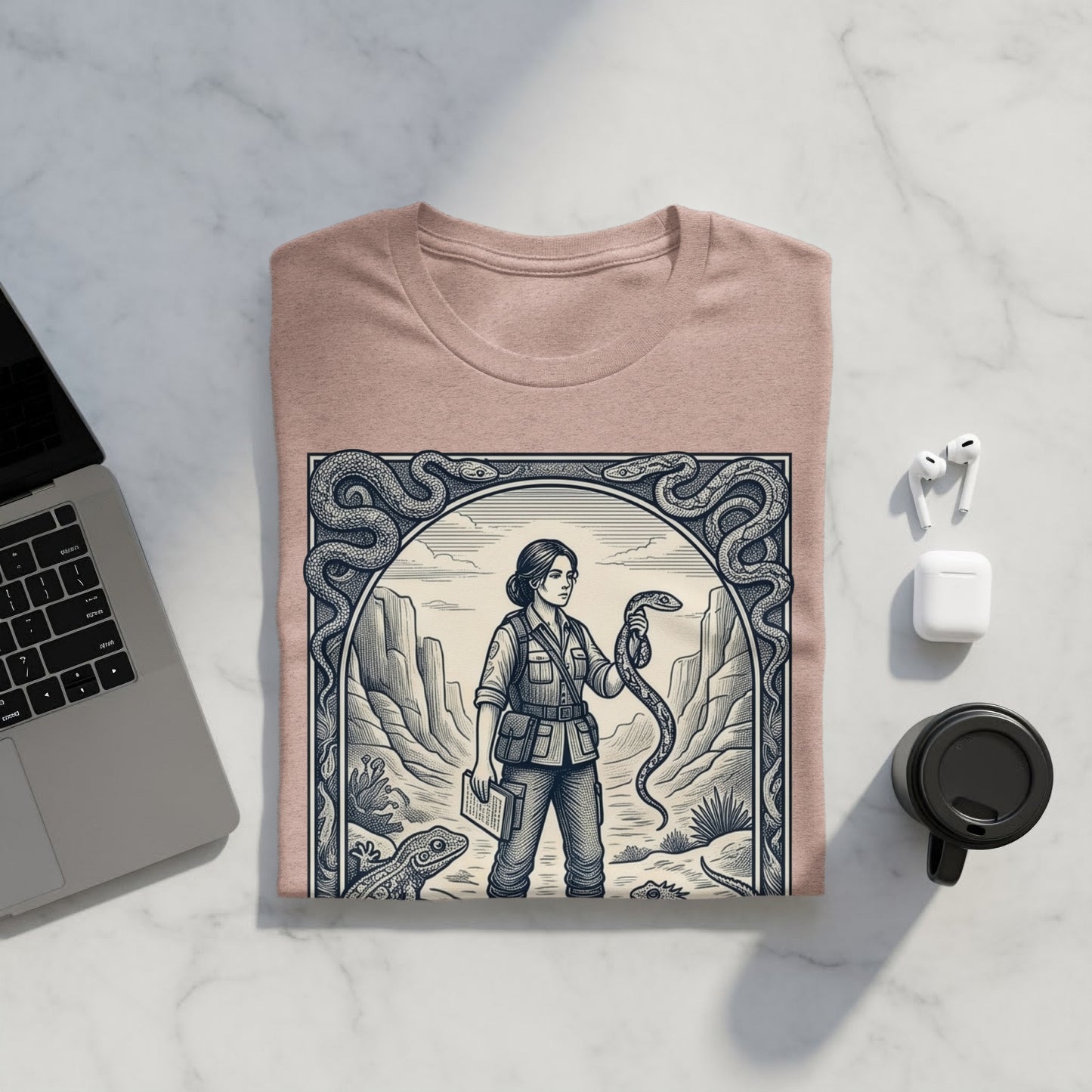 Woman holding snake in desert landscape, framed design on a tan t-shirt.
