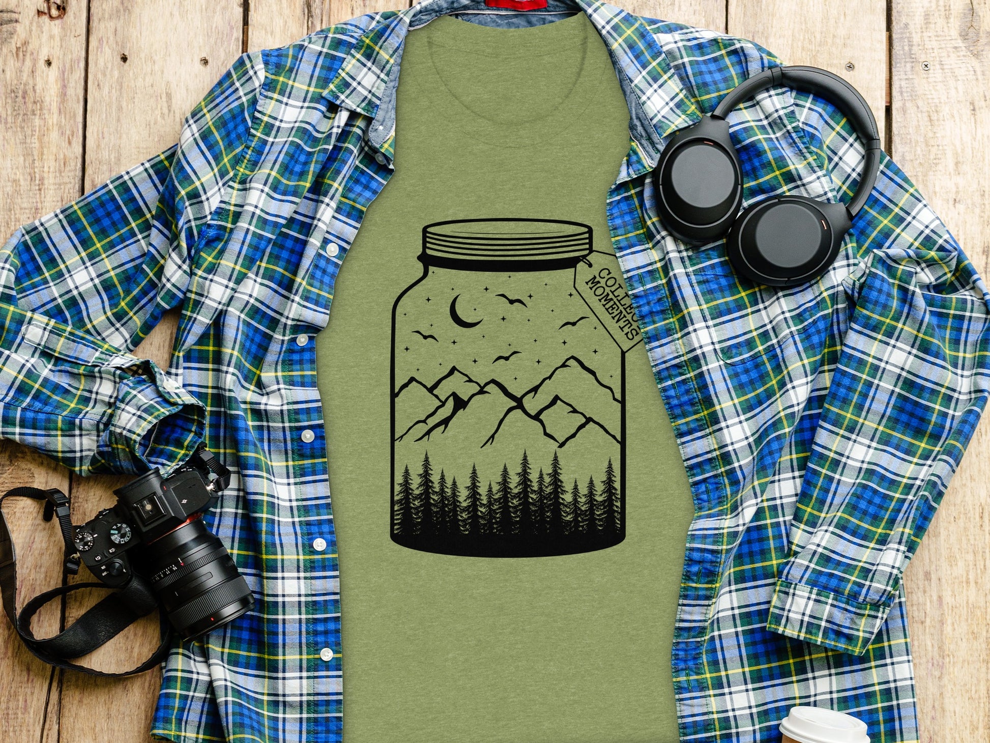 Collect Moments Jar with Mountains Scene Design T-Shirt T-Shirt - Outdoor & Adventure Collection - Mile Marker 16 Gear by Cloud 16 Clothing Co.
