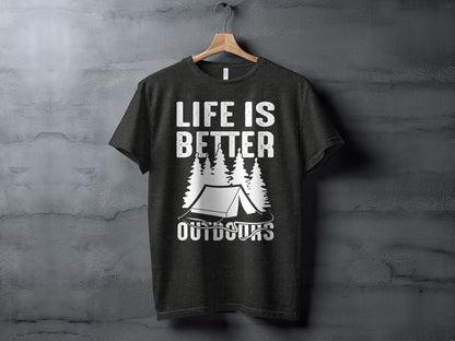 Life Is Better Outdoors Camping Tent Graphic Novelty T-Shirt T-Shirt - Outdoor & Adventure Collection - Mile Marker 16 Gear by Cloud 16 Clothing Co.