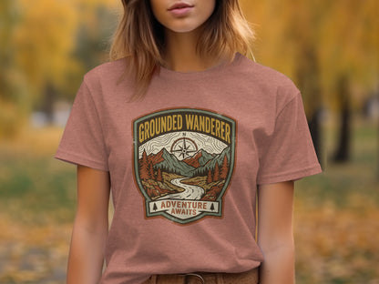 Heritage Grounded Wanderer Adventure Nomad Tee: T-shirt with "Grounded Wanderer Adventure Awaits" badge design.