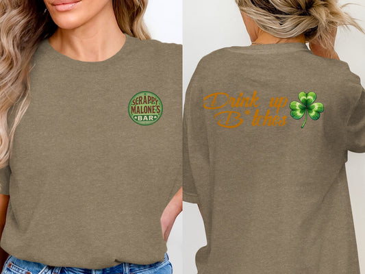 Scrappy Malone's Bar, Bar Logo Art, Irish Bar Sign, Shamrock Design, St Patricks Day Gift, Lucky Charm Bar Decor T-Shirt - Scrappy Malone's Bar 100-Proof Humor - Cloud 16 Clothing Co.