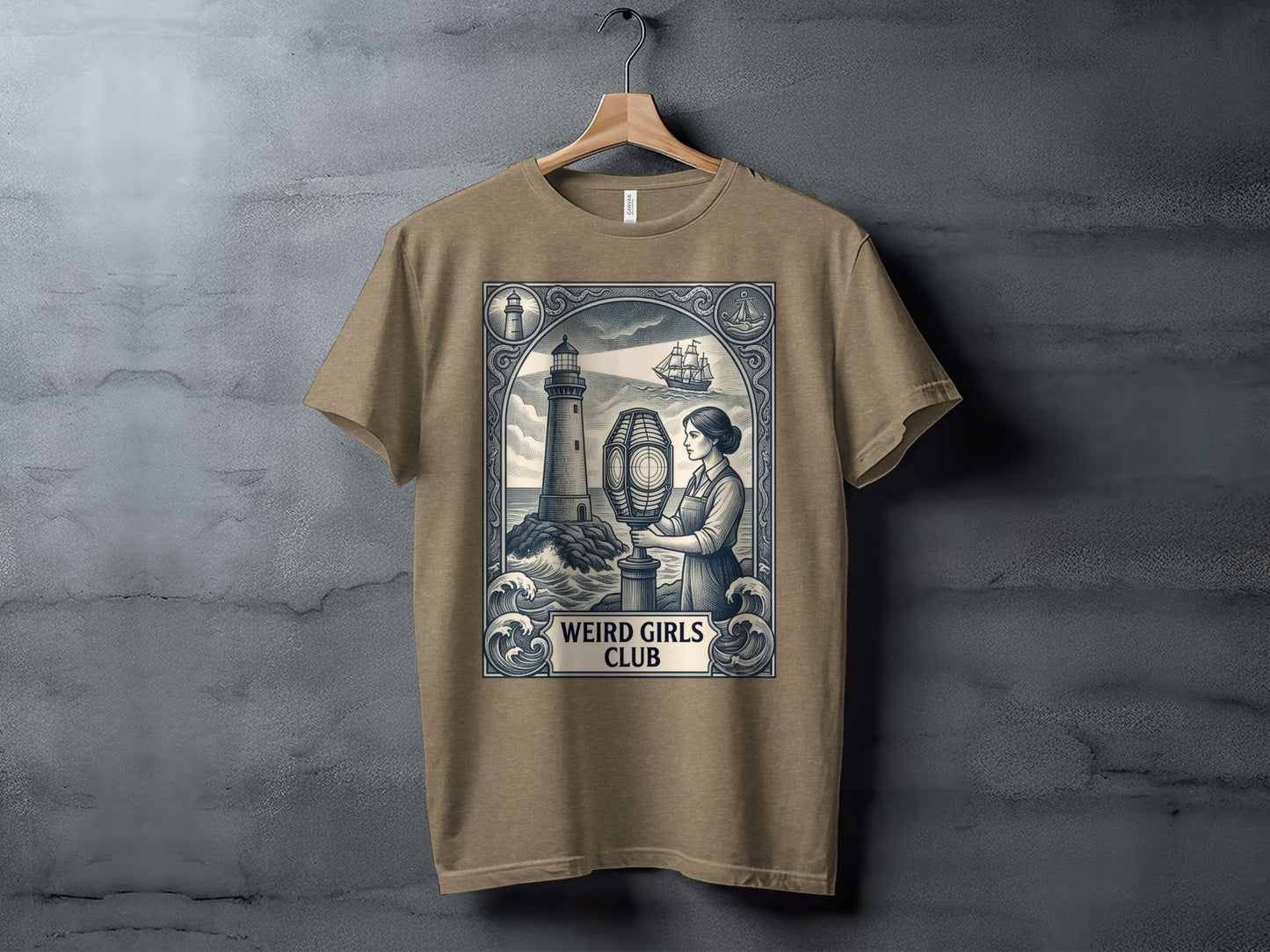 T-shirt graphic of a lighthouse, ship, and woman, with "WEIRD GIRLS CLUB" text.