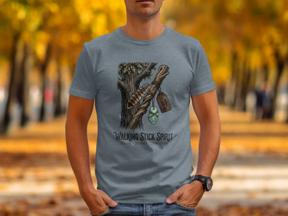 Heritage Walking Stick Spirit: Journey Nomad Tee: Gray t-shirt with nature-themed graphic: tree, feather, and blue stone pendant.