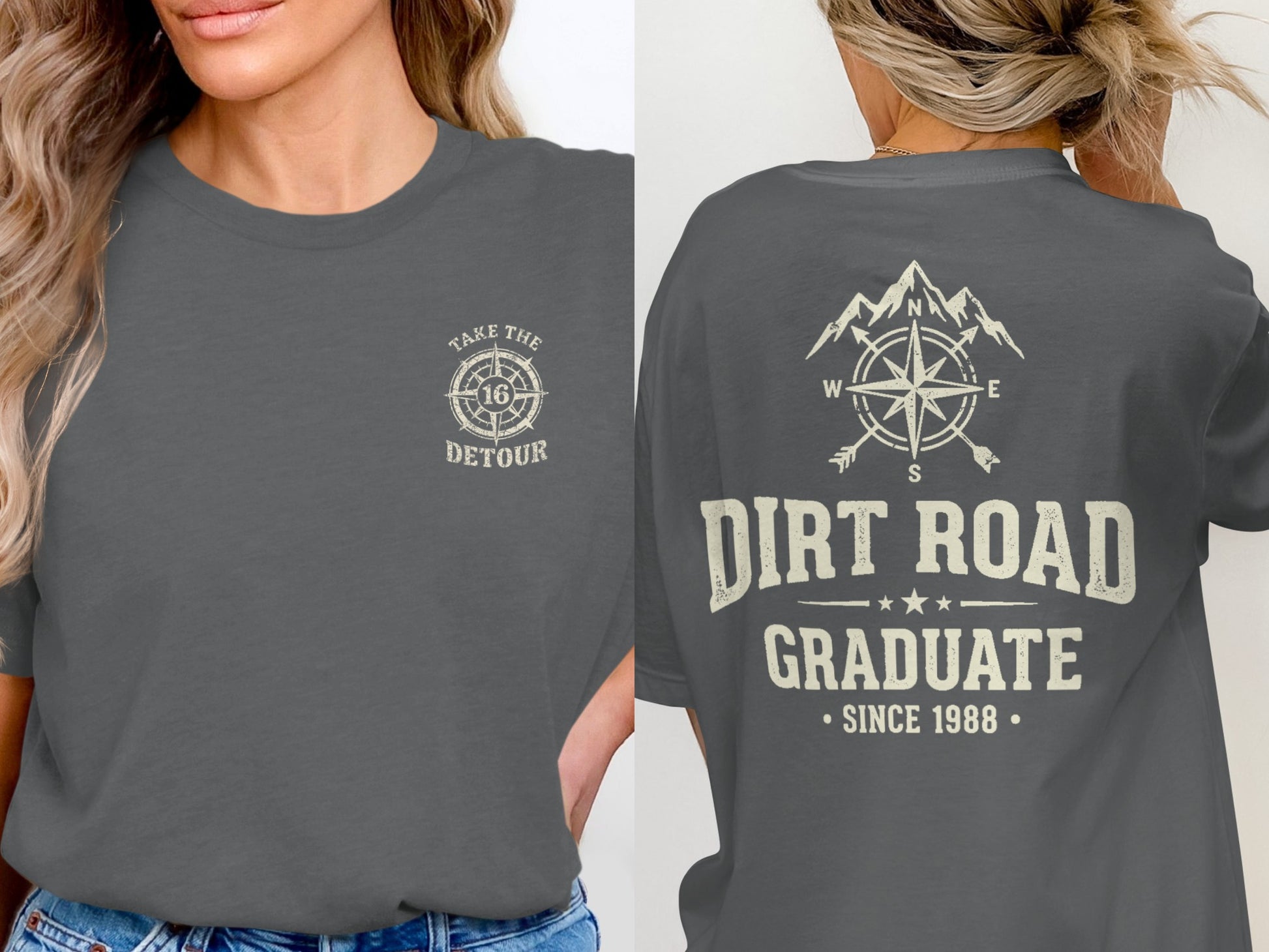 Dark gray t-shirt with "Take the Detour" and compass on front, "Dirt Road Graduate Since 1988" on back.