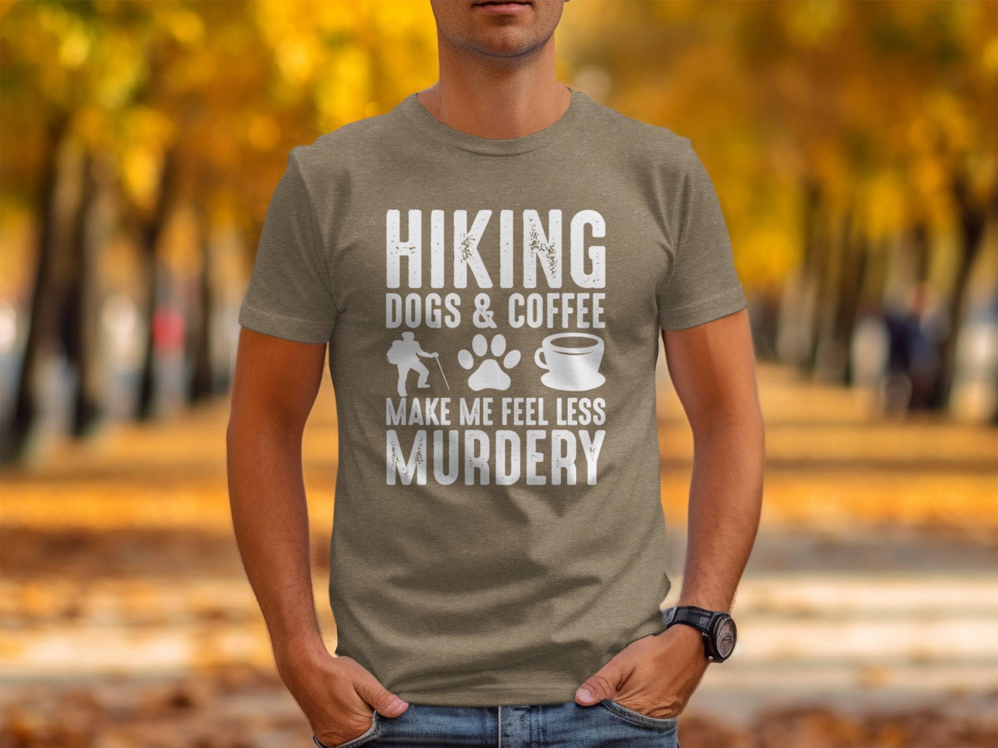 Hiking Dogs Coffee Less Murdery Funny Graphic Design T-Shirt T-Shirt - Outdoor & Adventure Collection - Mile Marker 16 Gear by Cloud 16 Clothing Co.