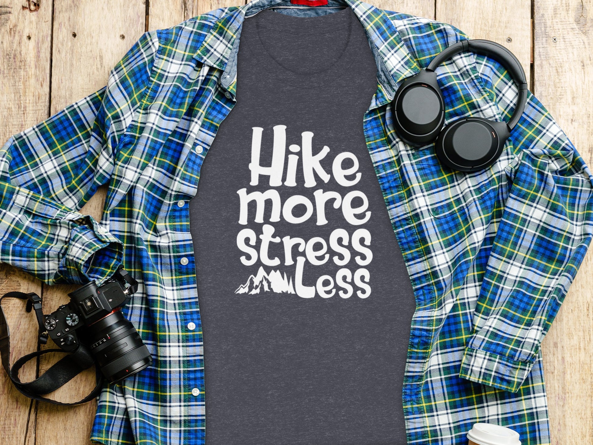 Hike More Stress Less Outdoor Adventure Design T-Shirt T-Shirt - Outdoor & Adventure Collection - Mile Marker 16 Gear by Cloud 16 Clothing Co.