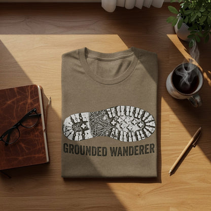 Grounded Wanderer Boot Print | Vintage Outdoor Apparel: T-shirt with a boot print and "Grounded Wanderer" text.