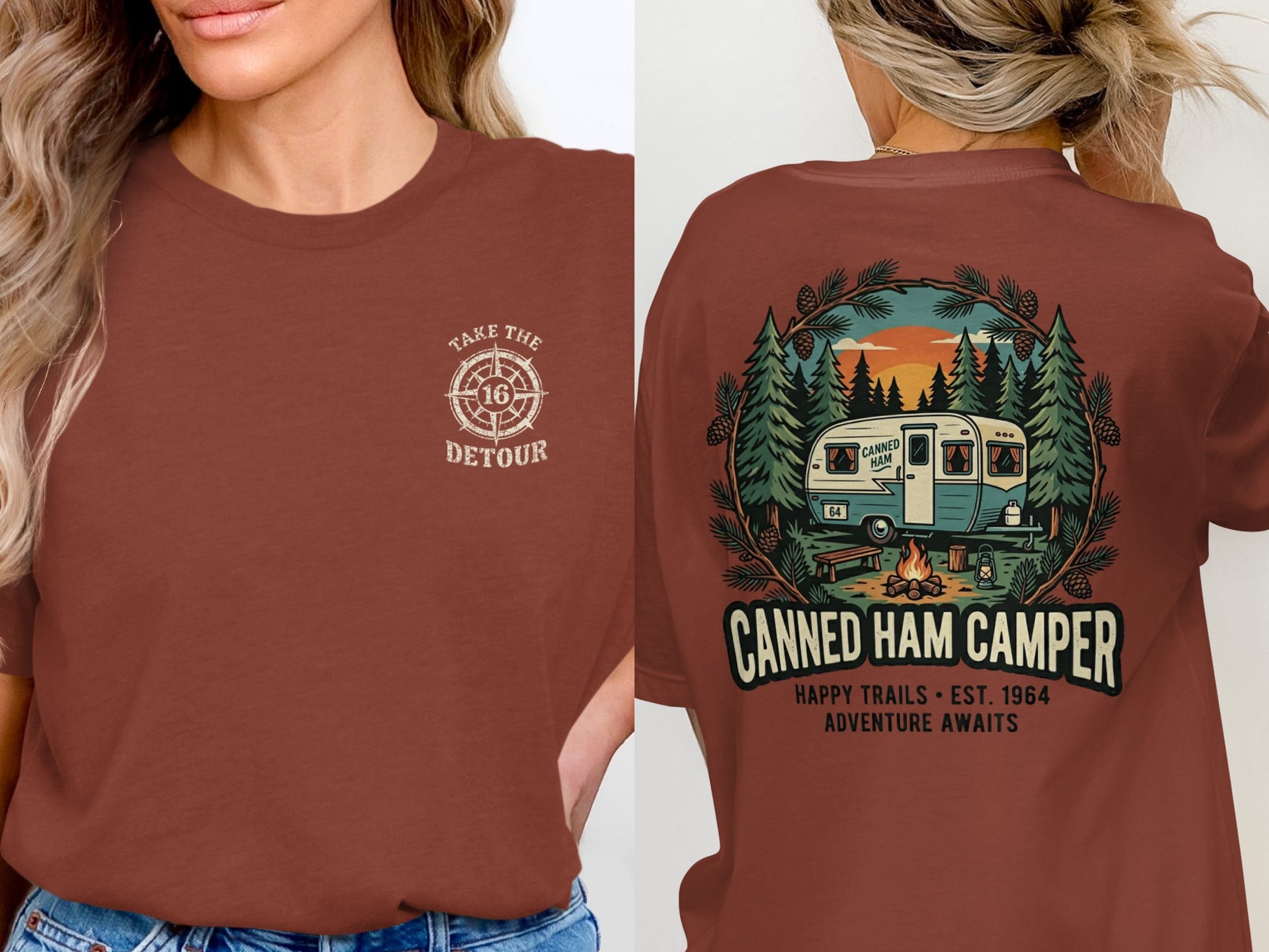Brown t-shirt with "Take the Detour" and a compass on the front, and a "Canned Ham Camper" graphic on the back.