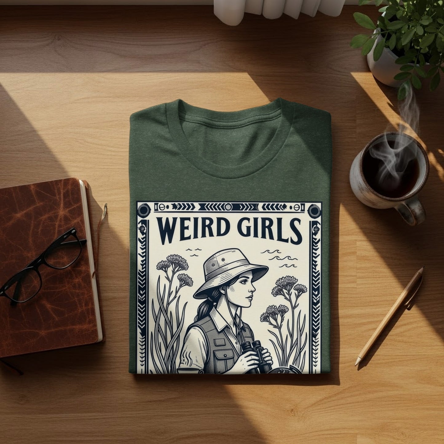 T-shirt with "Weird Girls" text and woman with binoculars illustration.