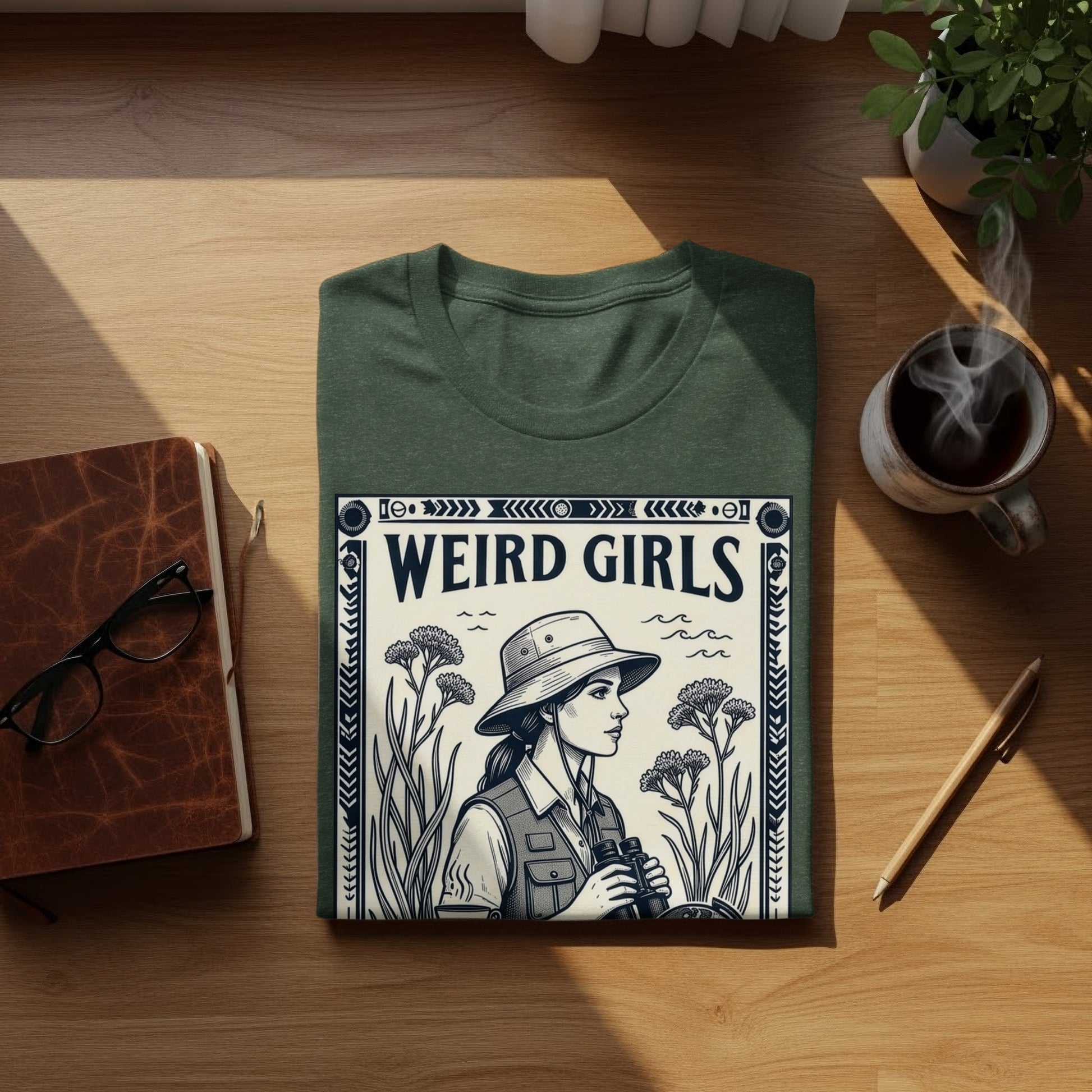 T-shirt with "Weird Girls" text and woman with binoculars illustration.