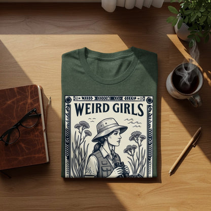 T-shirt with "Weird Girls" text and woman with binoculars illustration.