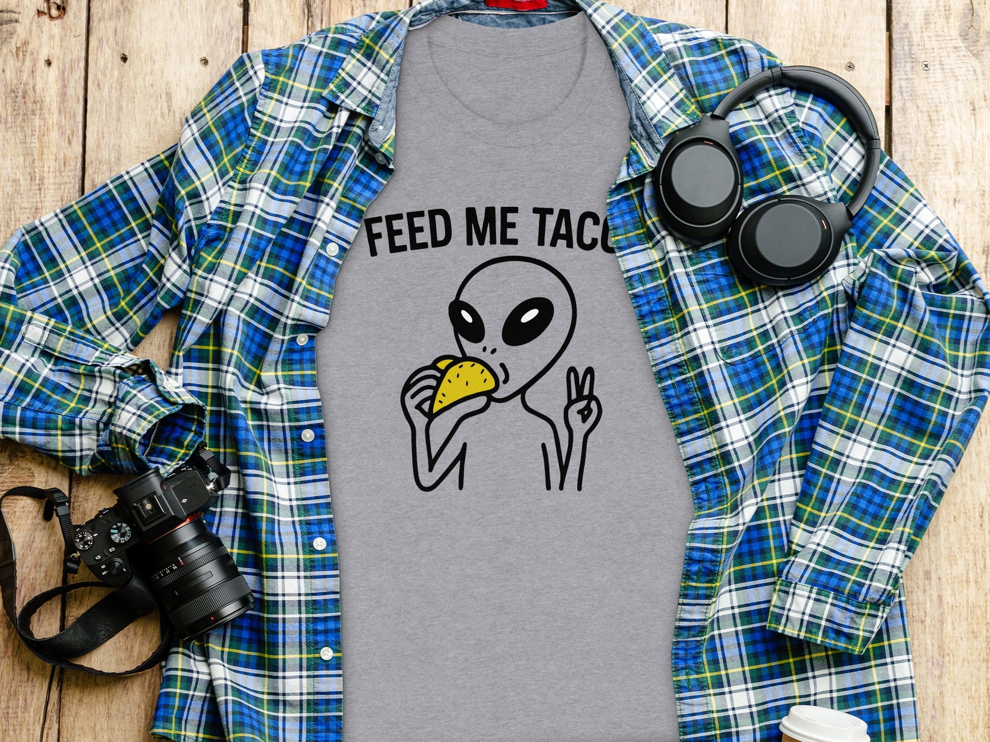 Feed Me Tacos Alien Graphic Shirt Fun and Quirky Tee
