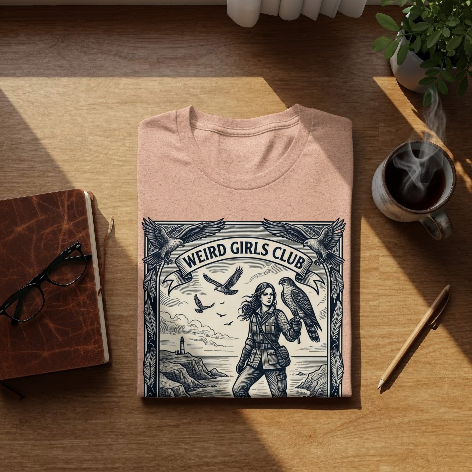 T-shirt with "Weird Girls Club" text and a woman holding a falcon, by the sea.