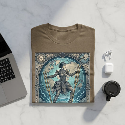 T-shirt featuring a woman in armor with spears, surrounded by a world map design.