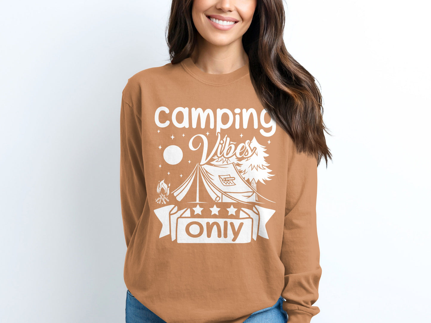 Camping Vibes Stars Only With Tent Graphic Long Sleeve T-Shirt Long Sleeve Tee - Outdoor & Adventure Collection - Mile Marker 16 Gear by Cloud 16 Clothing Co.
