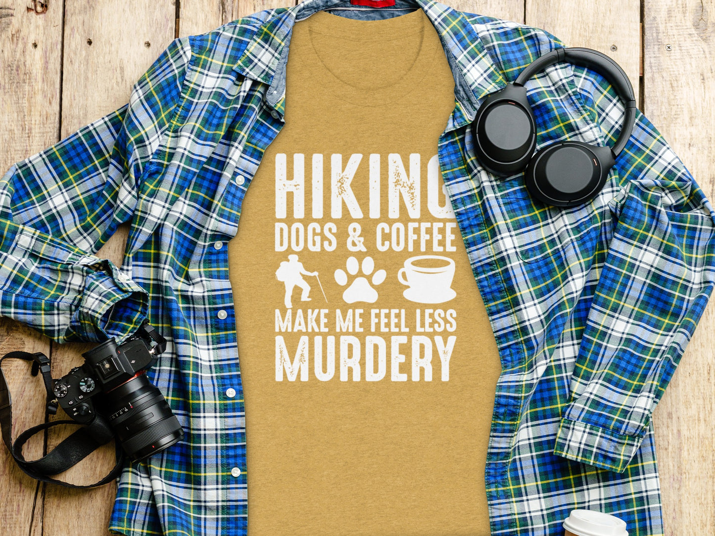 Hiking Dogs Coffee Less Murdery Funny Graphic Design T-Shirt T-Shirt - Outdoor & Adventure Collection - Mile Marker 16 Gear by Cloud 16 Clothing Co.